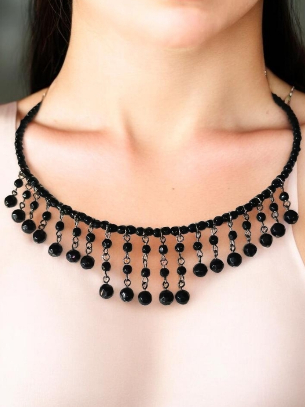 N4180 Black Beaded Memory Wire Choker Style Necklace